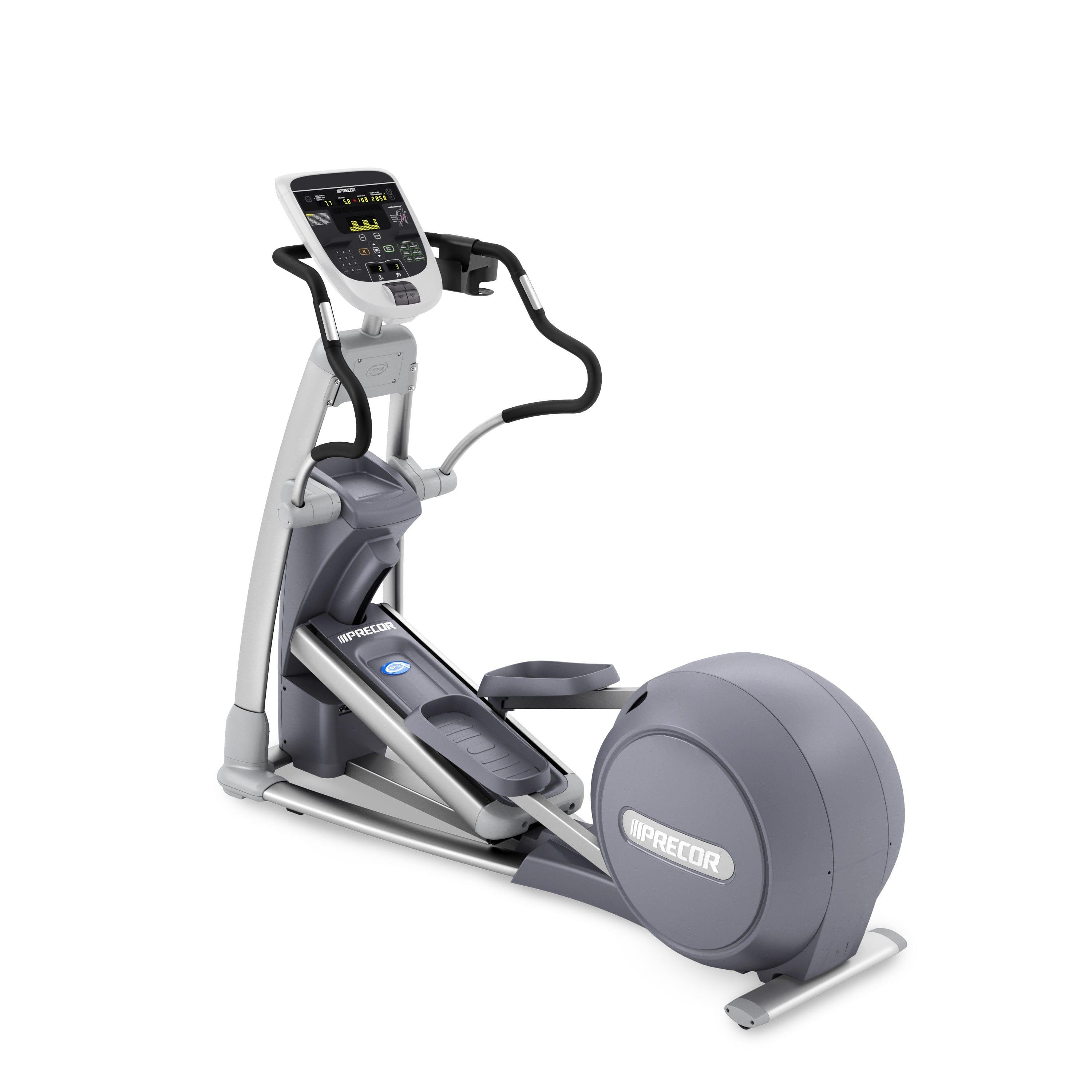 Precor EFX 833 Elliptical Fitness Crosstrainer showing the 2 hand grips, the console as centerpiece and oversized pedalto make feet comfortable