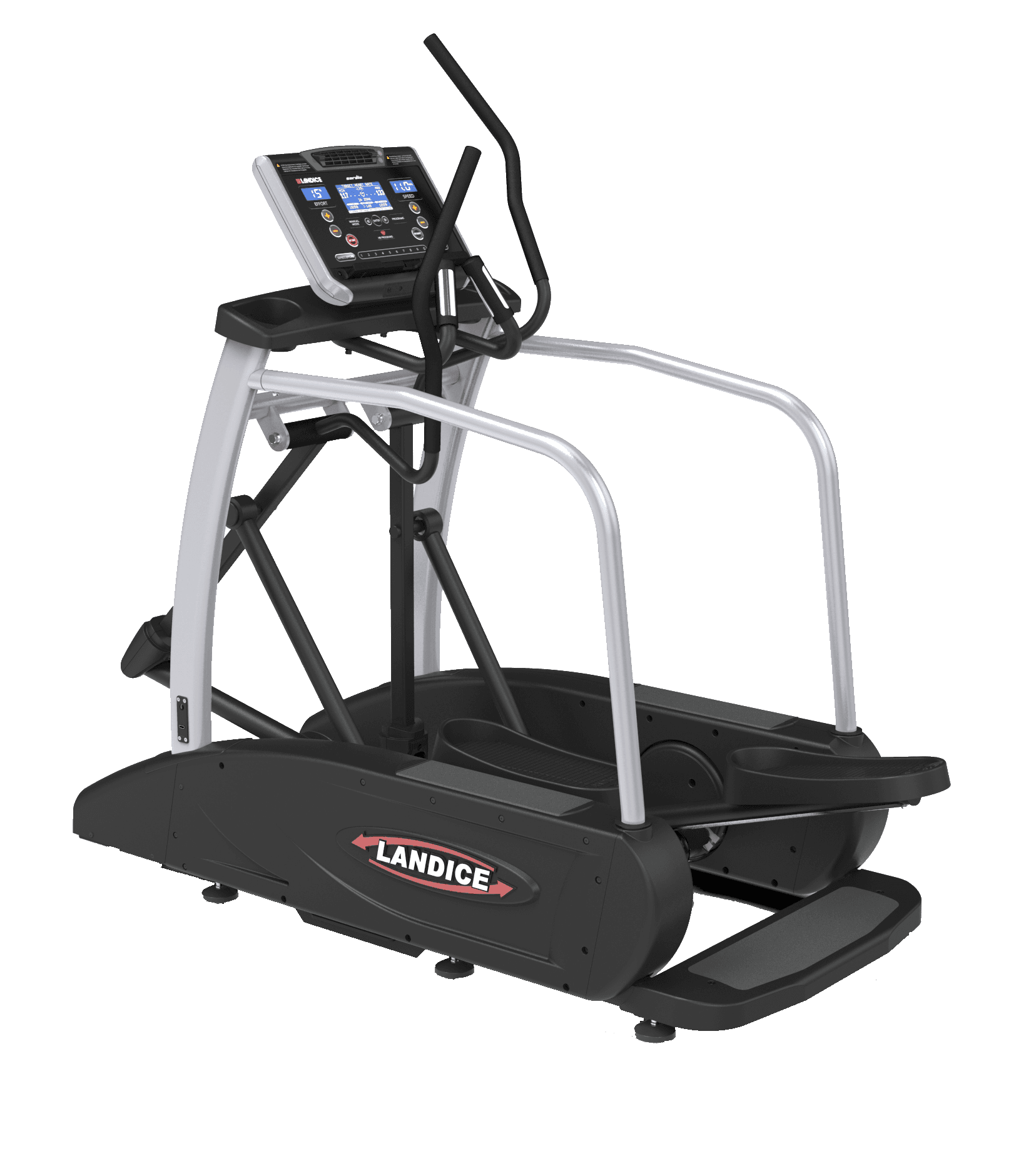 Landice E7 Elliptical in black and silver body frame with transparent background