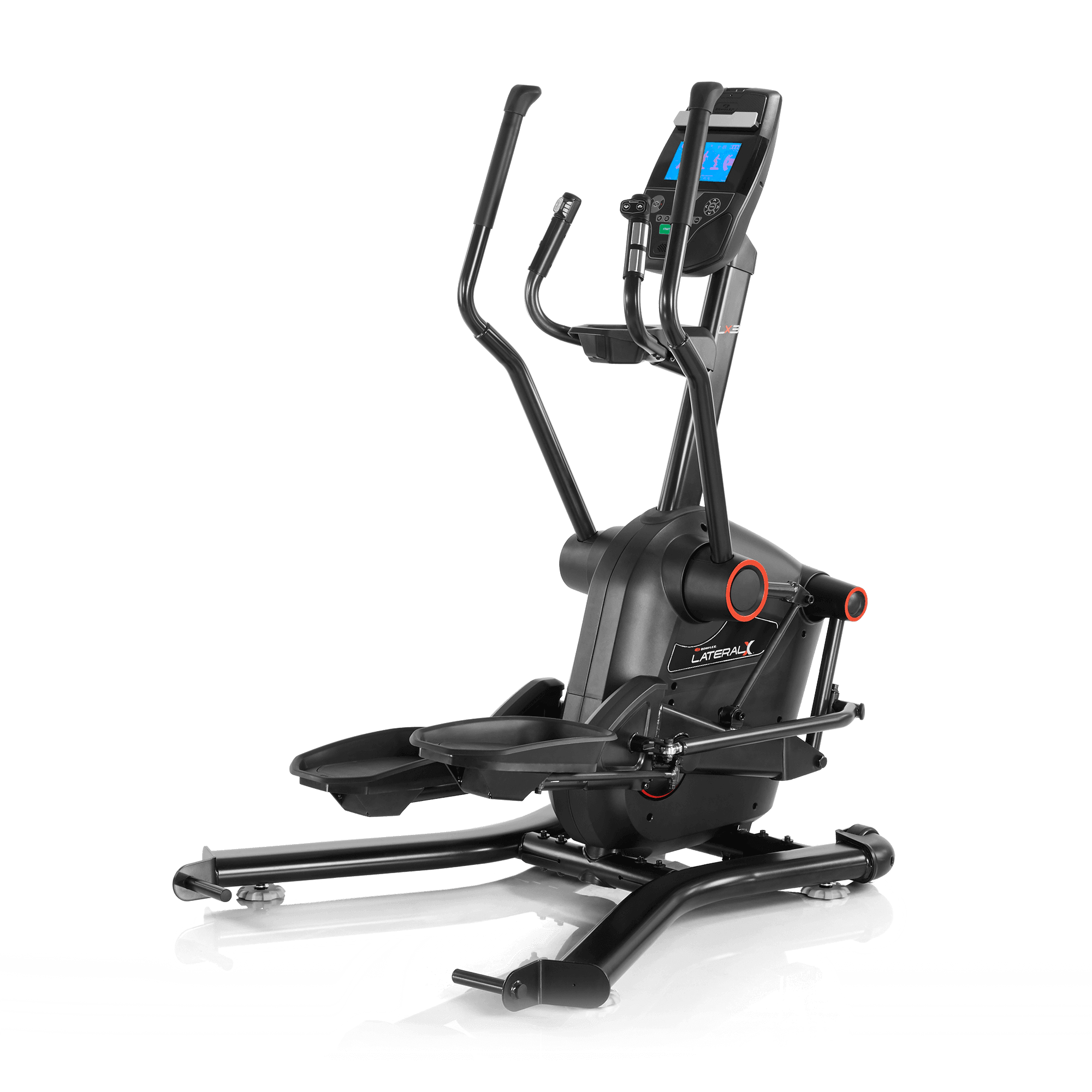 Bowflex Lateral X has a full black metal and hard plastic frame. It has 2 sets of hand grips and an LCD display for the centerpiece.
