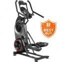 A Bowflex Max Trainer with a black and gray body frame standing on a white background witha Eliptical Reviews logo on the side.
